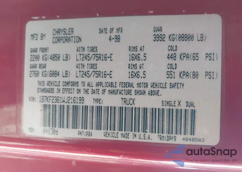 1998 Dodge Ram 2500 St from USA, damaged, VIN 1B7KF2361WJ216199